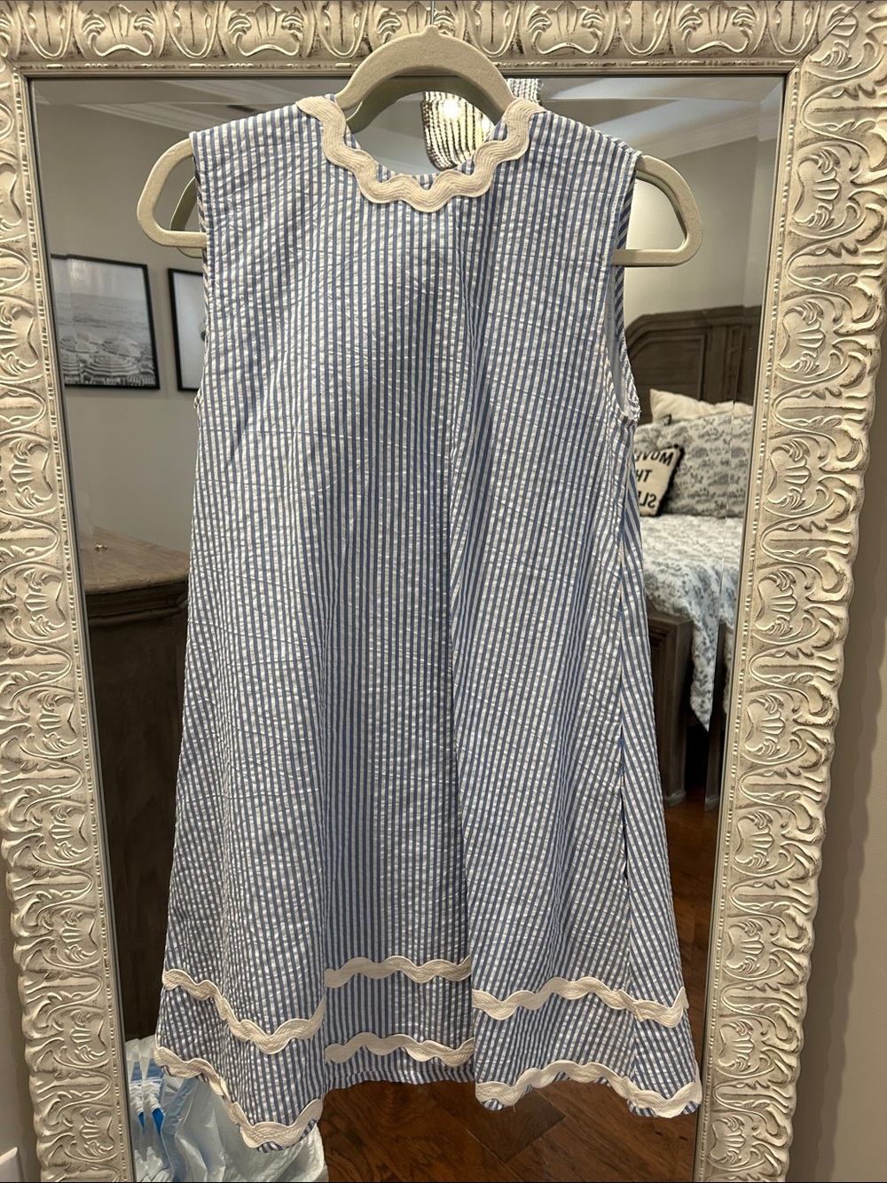 Sue Sartor Blue Seersucker A-Line Dress with Cream Ric Rac.